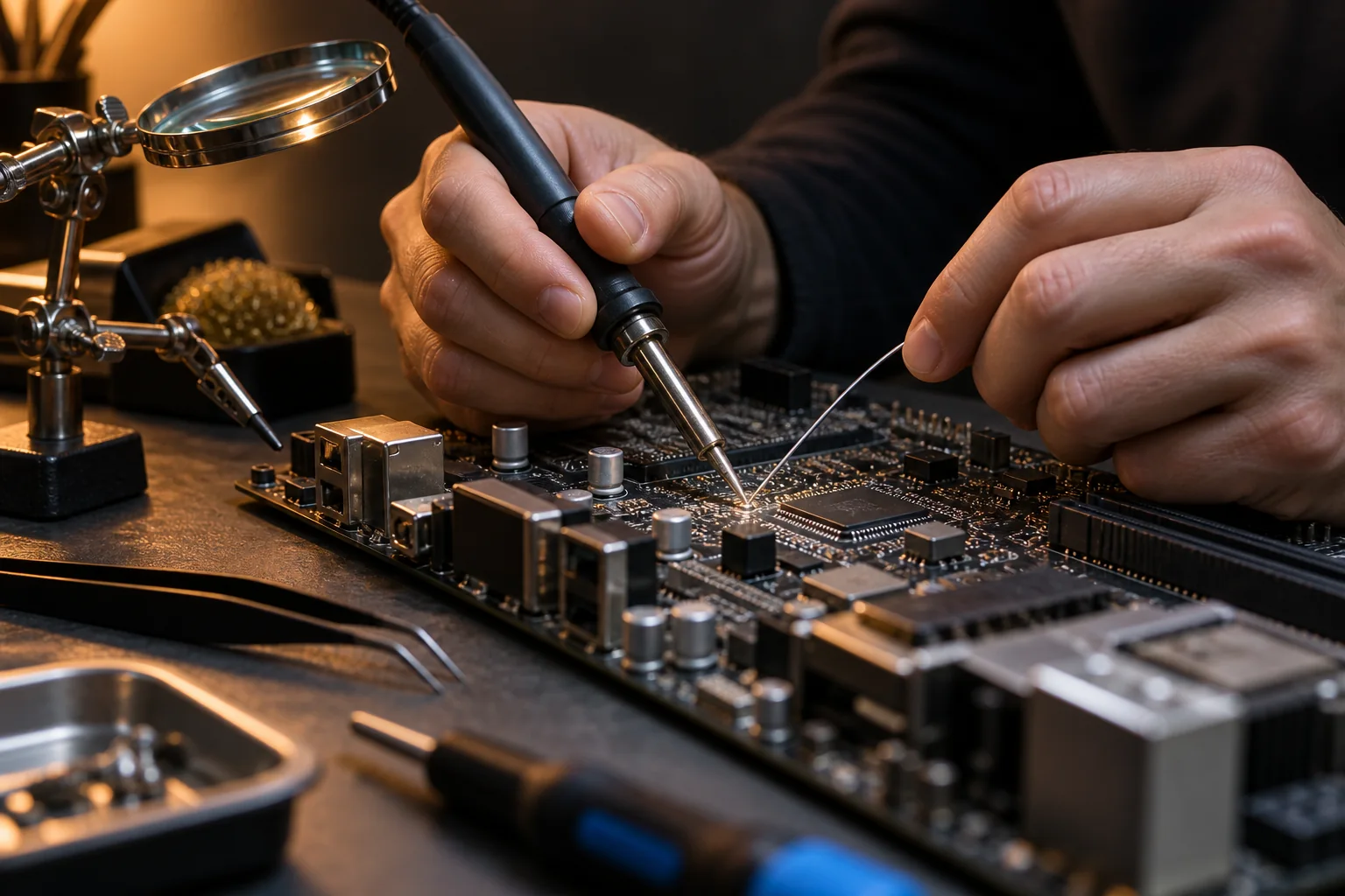 Yapay zek&acirc; g&ouml;rseli: elektronik par&ccedil;alara lehim işlemi